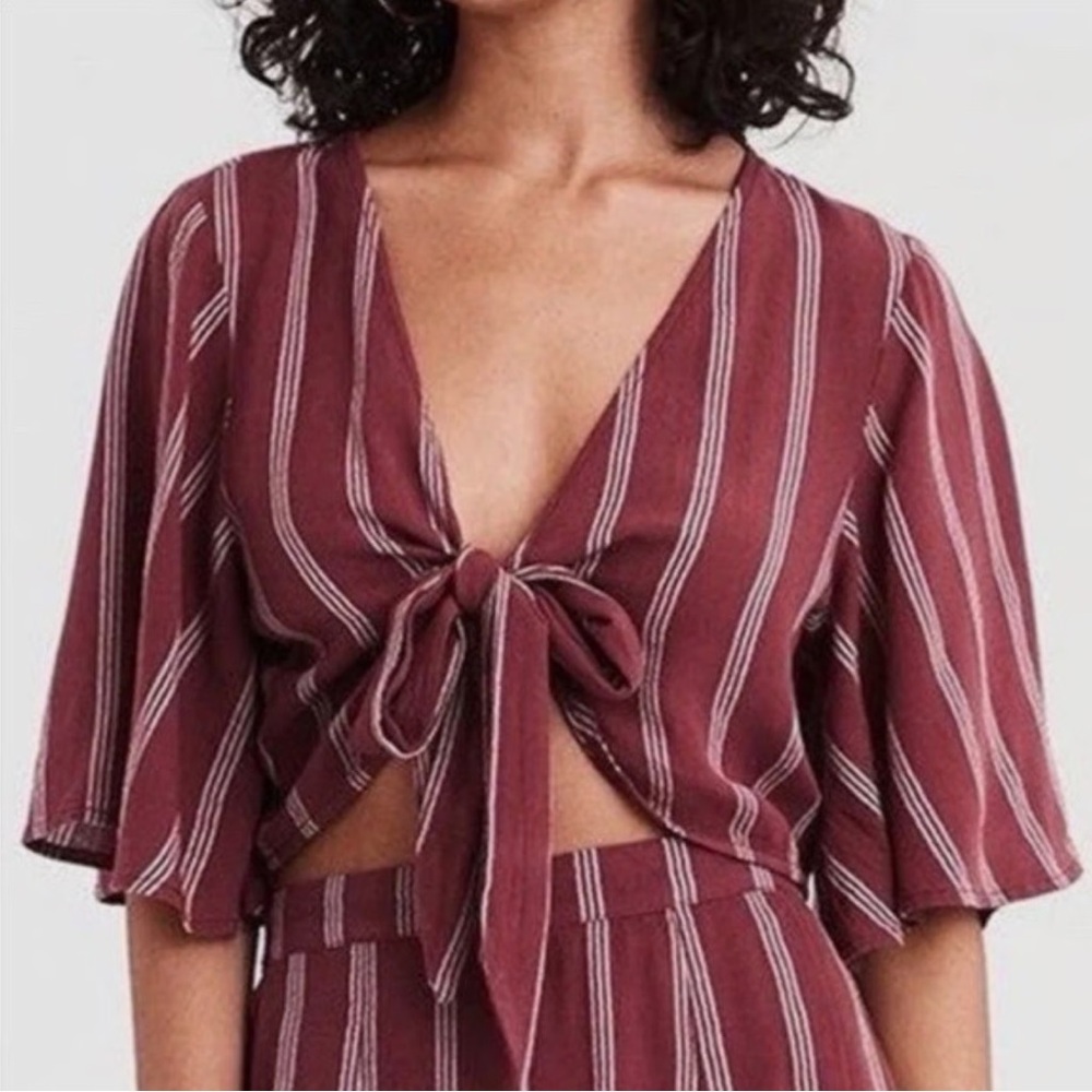 American Eagle Outfitters Burgundy Striped Tie-Front Blouse